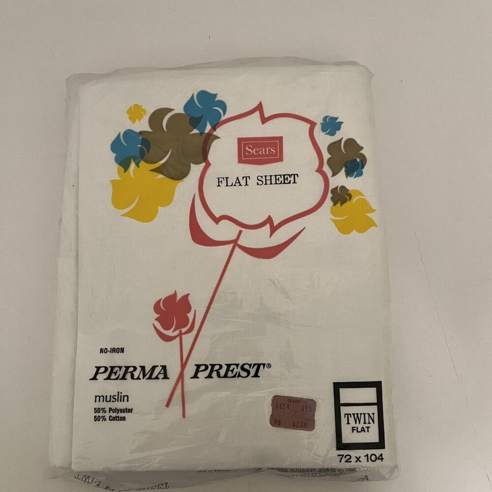 Vintage Sears Twin Flat (top) Sheet Solid White No Iron Perma Press Muslin NOS